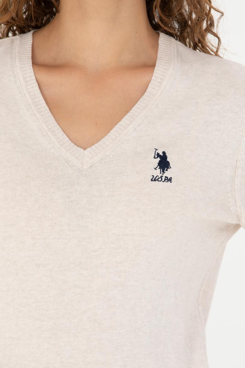 Kadın Krem Melanj  V Yaka Basic Kazak - 50269014026