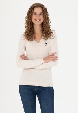 Kadın Krem Melanj  V Yaka Basic Kazak - 50269014026