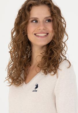 Kadın Krem Melanj  V Yaka Basic Kazak - 50269014026