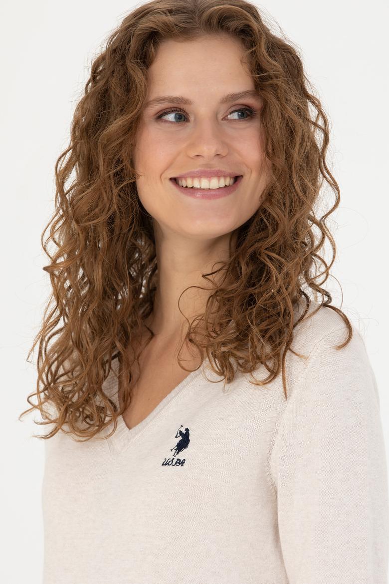 Kadın Krem Melanj  V Yaka Basic Kazak - 50269014026