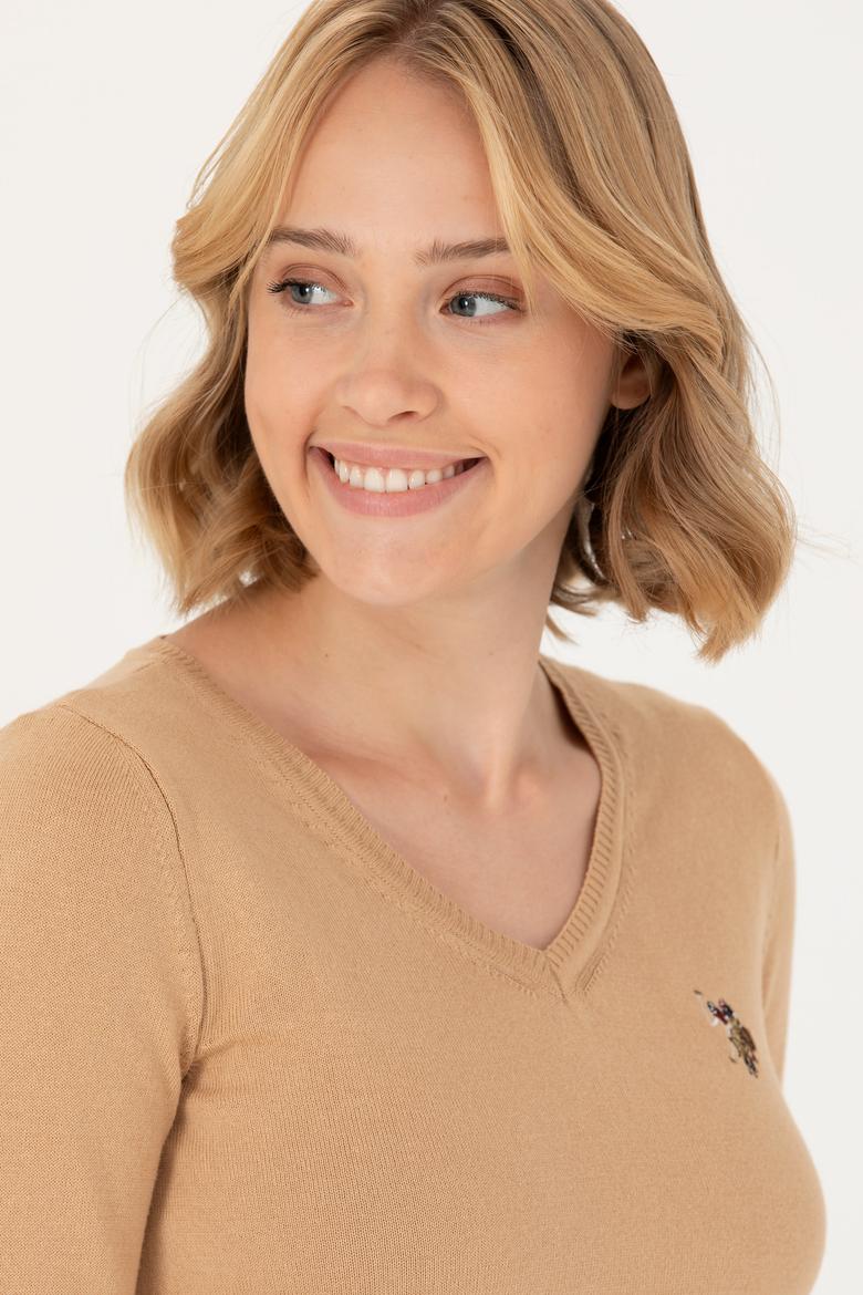 Kadın  Kum Melanj V Yaka Basic Kazak - 50269018059