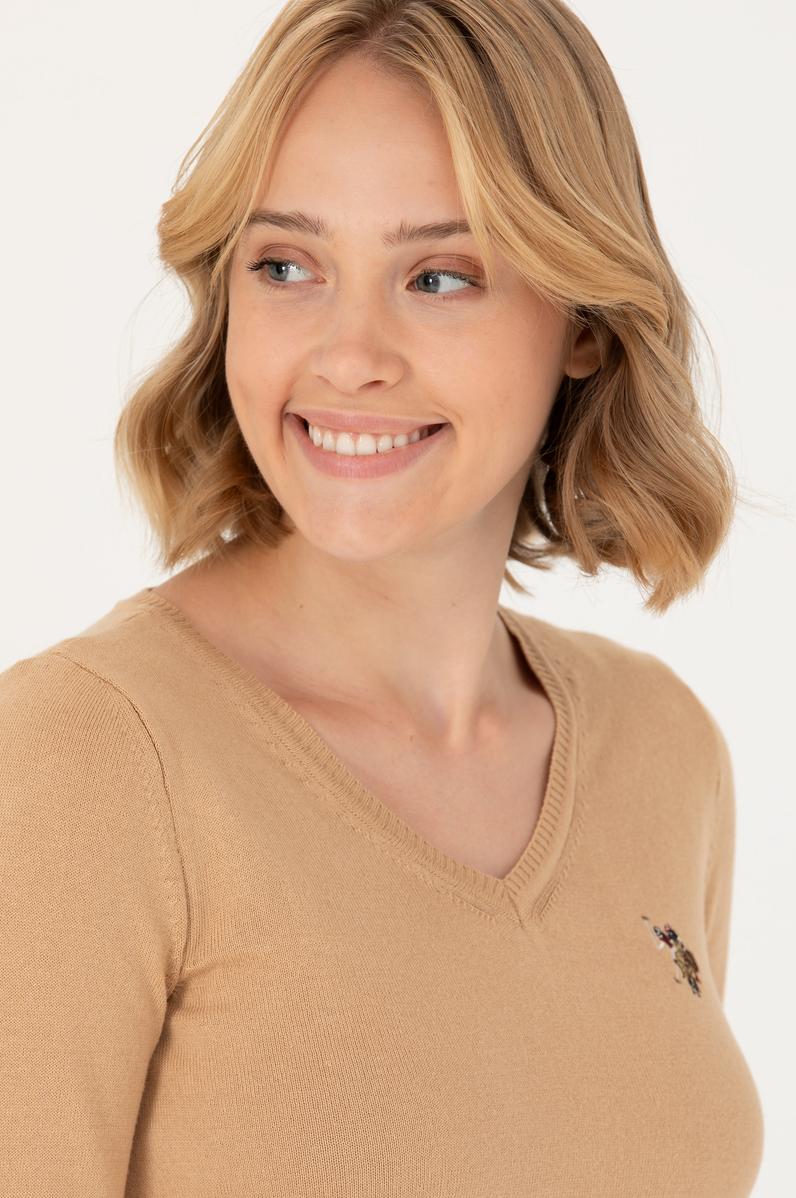 Kadın  Kum Melanj V Yaka Basic Kazak