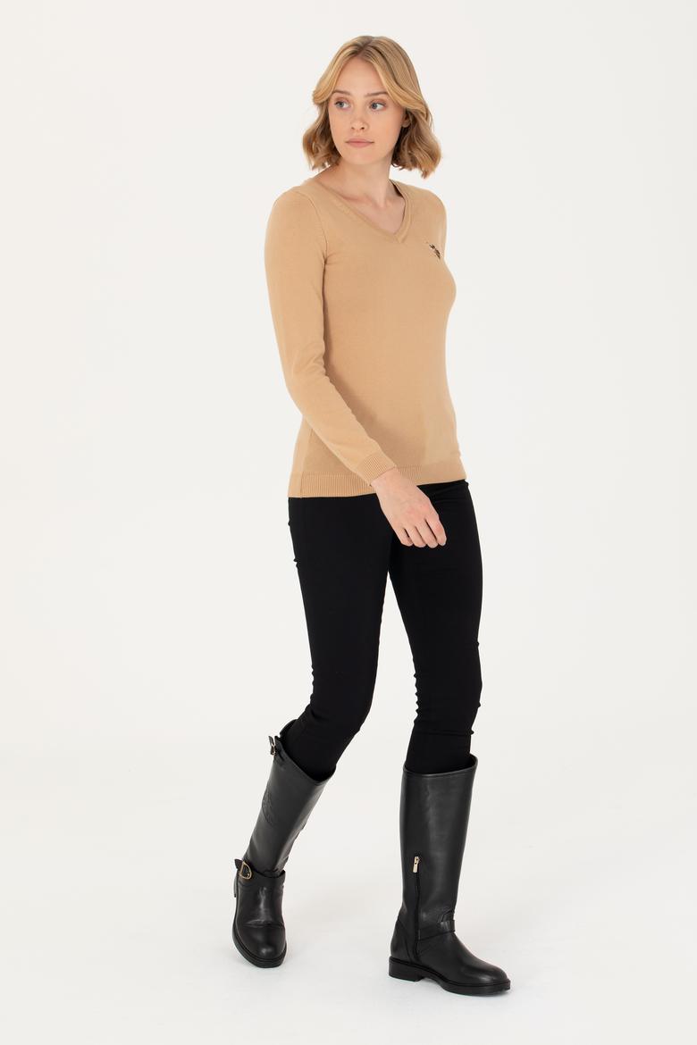 Kadın  Kum Melanj V Yaka Basic Kazak - 50269018059