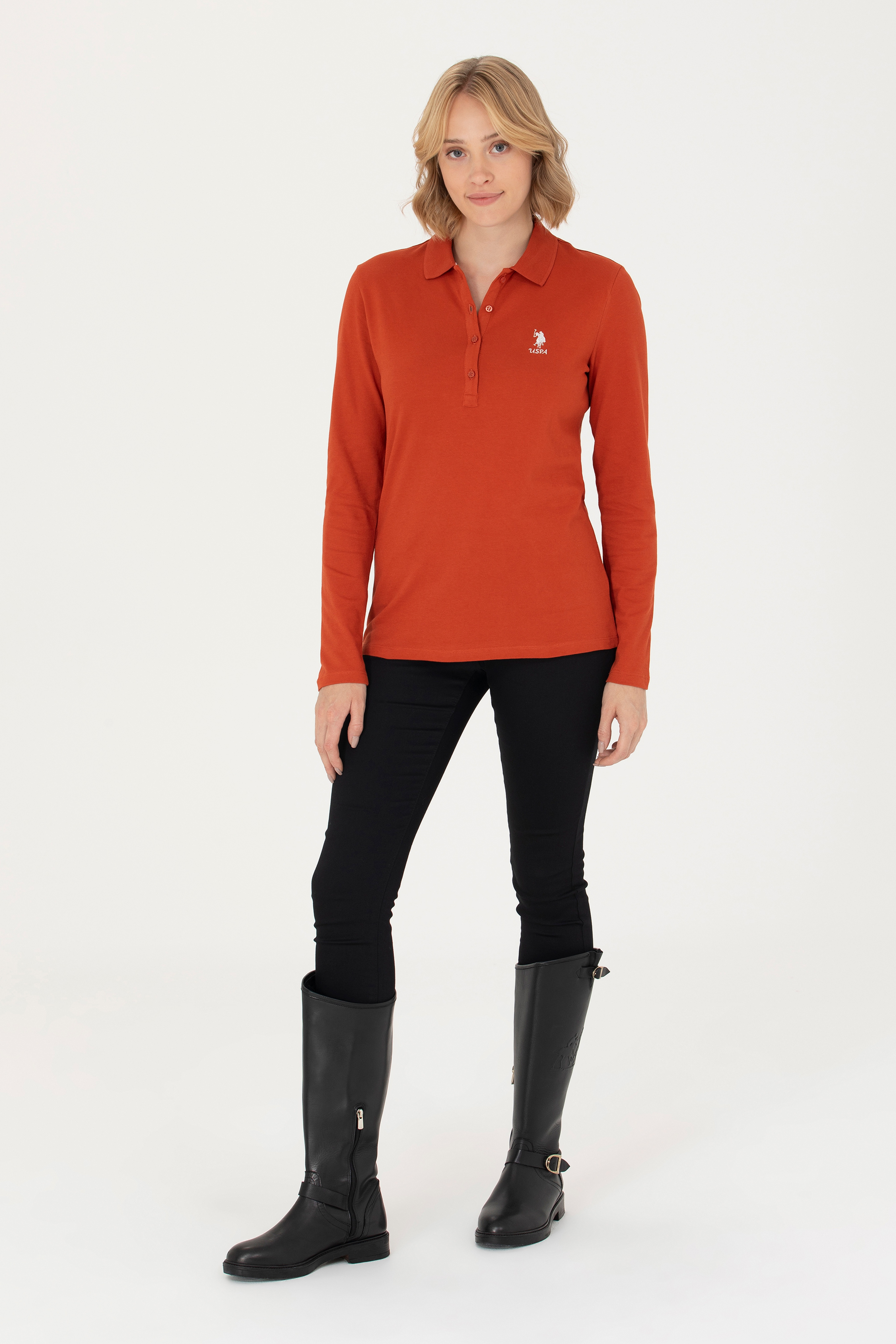 Kadın Kiremit Basic Polo Yaka Sweatshirt - Image 4