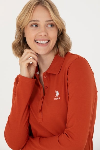 Kadın Kiremit Basic Polo Yaka Sweatshirt
