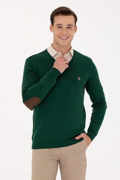 Erkek Slim Fit V Yaka Yeşil Kazak