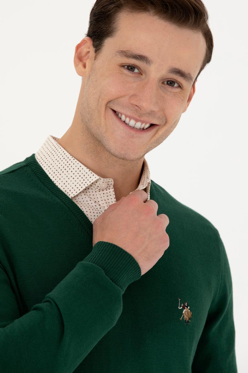 Erkek Yeşil V Yaka Kazak