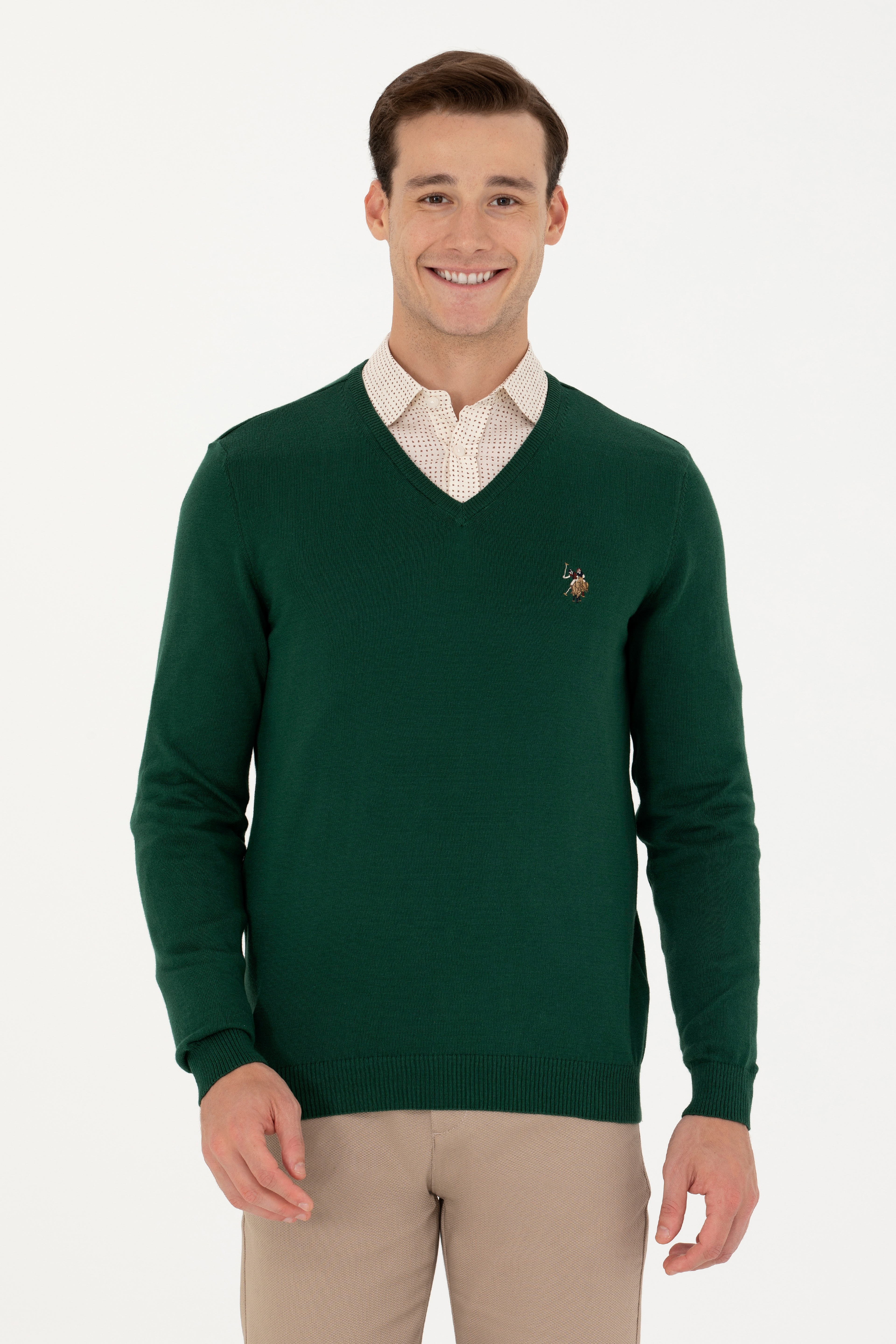 Erkek Slim Fit V Yaka Yeşil Kazak