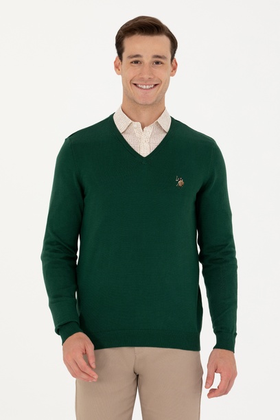 Erkek Slim Fit V Yaka Yeşil Kazak