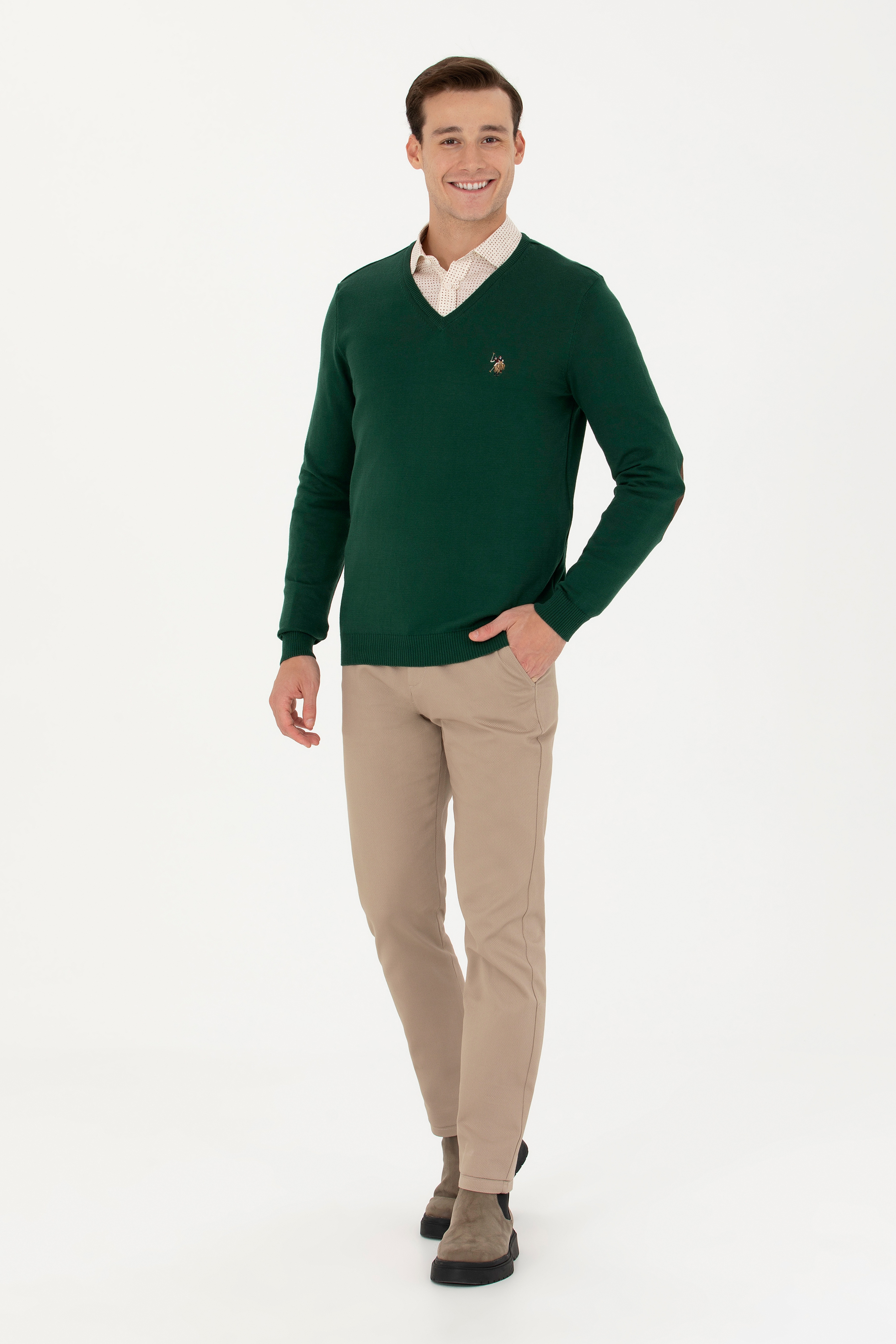 Erkek Slim Fit V Yaka Yeşil Kazak - Image 4