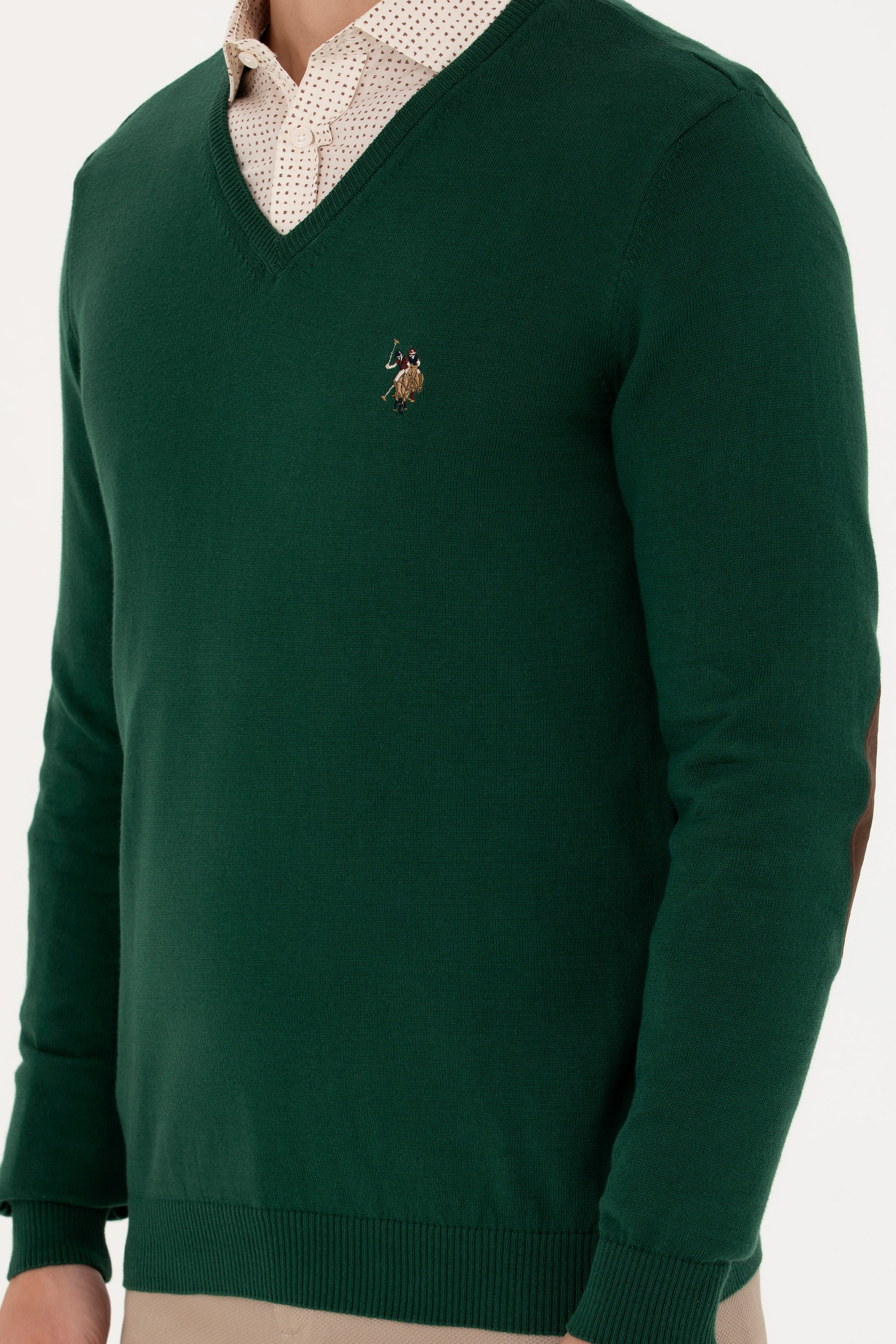 Erkek Slim Fit V Yaka Yeşil Kazak
