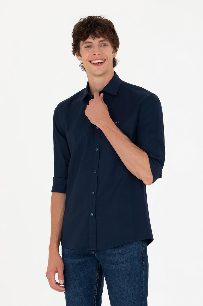 Erkek Lacivert Uzun Kollu Basic Gömlek