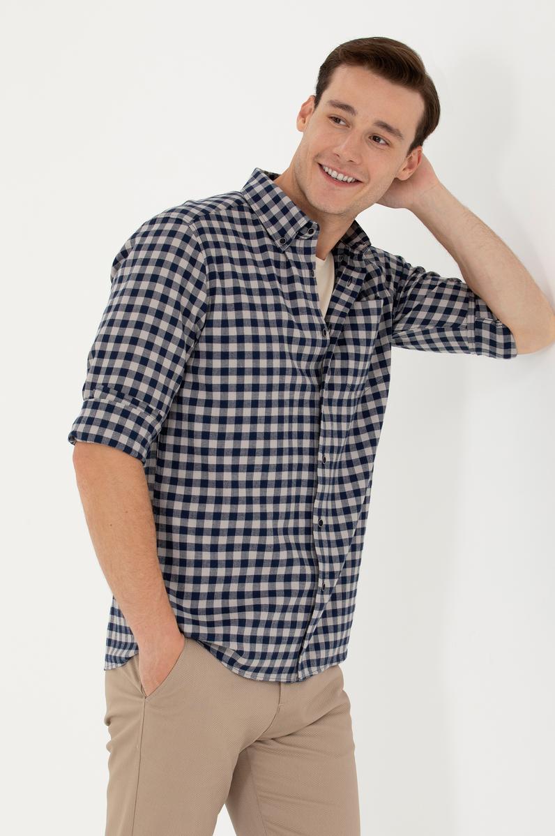 Erkek Kareli Lacivert Gömlek