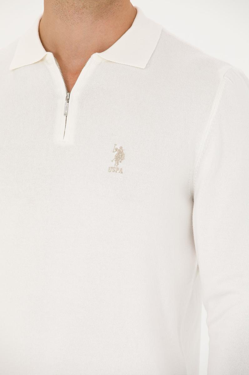 Erkek Ekru Yarım Fermuarlı Kazak