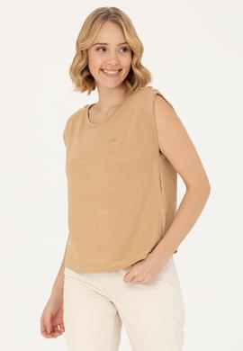 Kadın Camel Bisiklet Yaka Tişört - 50263790023