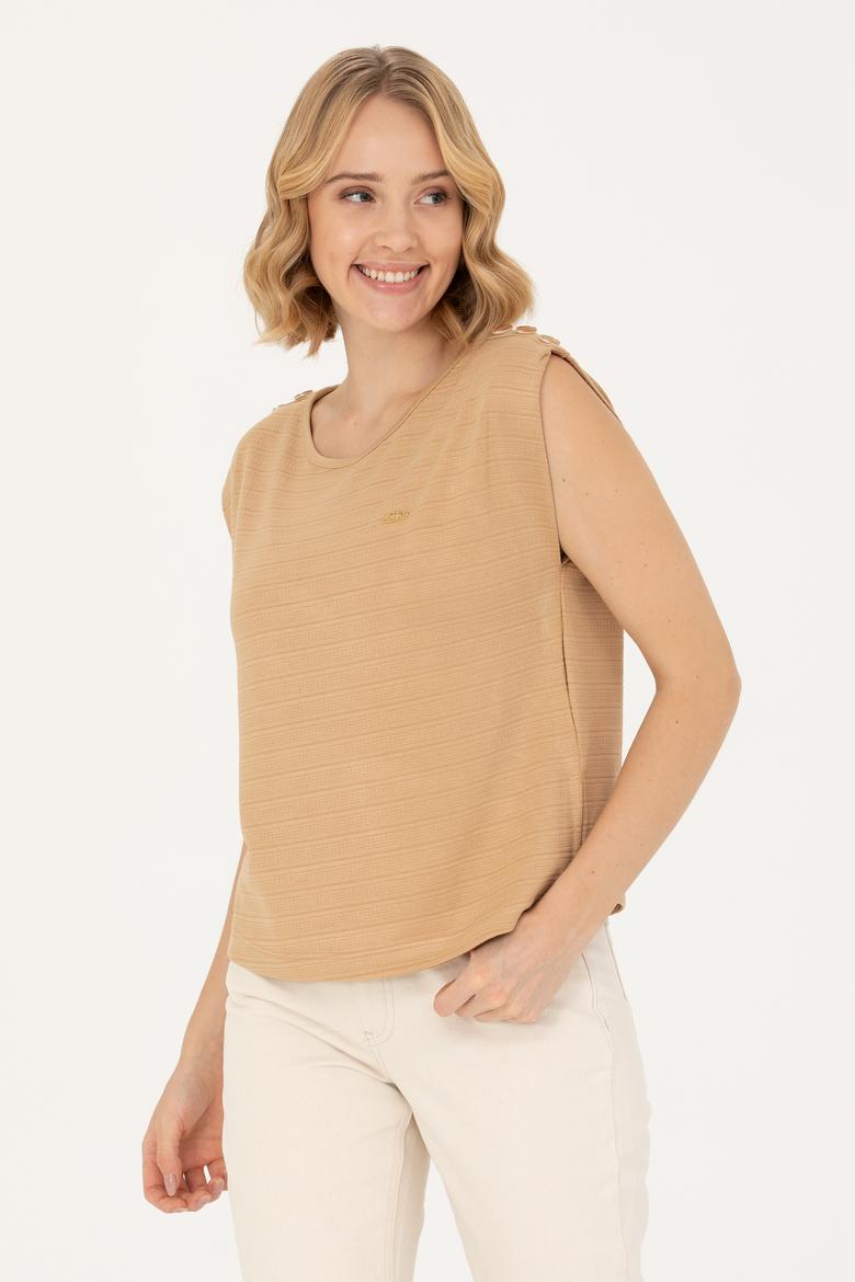 Kadın Camel Bisiklet Yaka Tişört - 50263790023