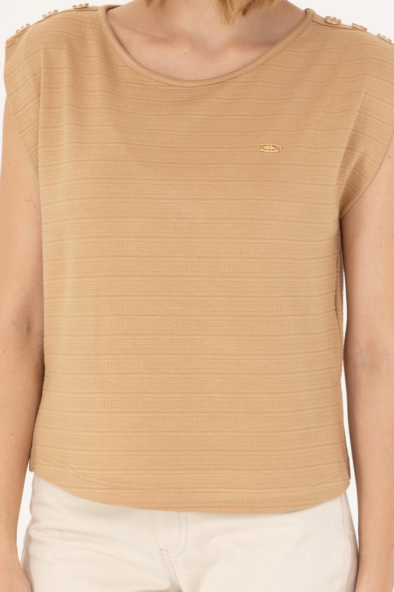 Kadın Camel Bisiklet Yaka Tişört - 50263790023