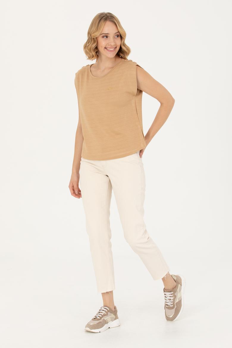 Kadın Camel Bisiklet Yaka Tişört - 50263790023