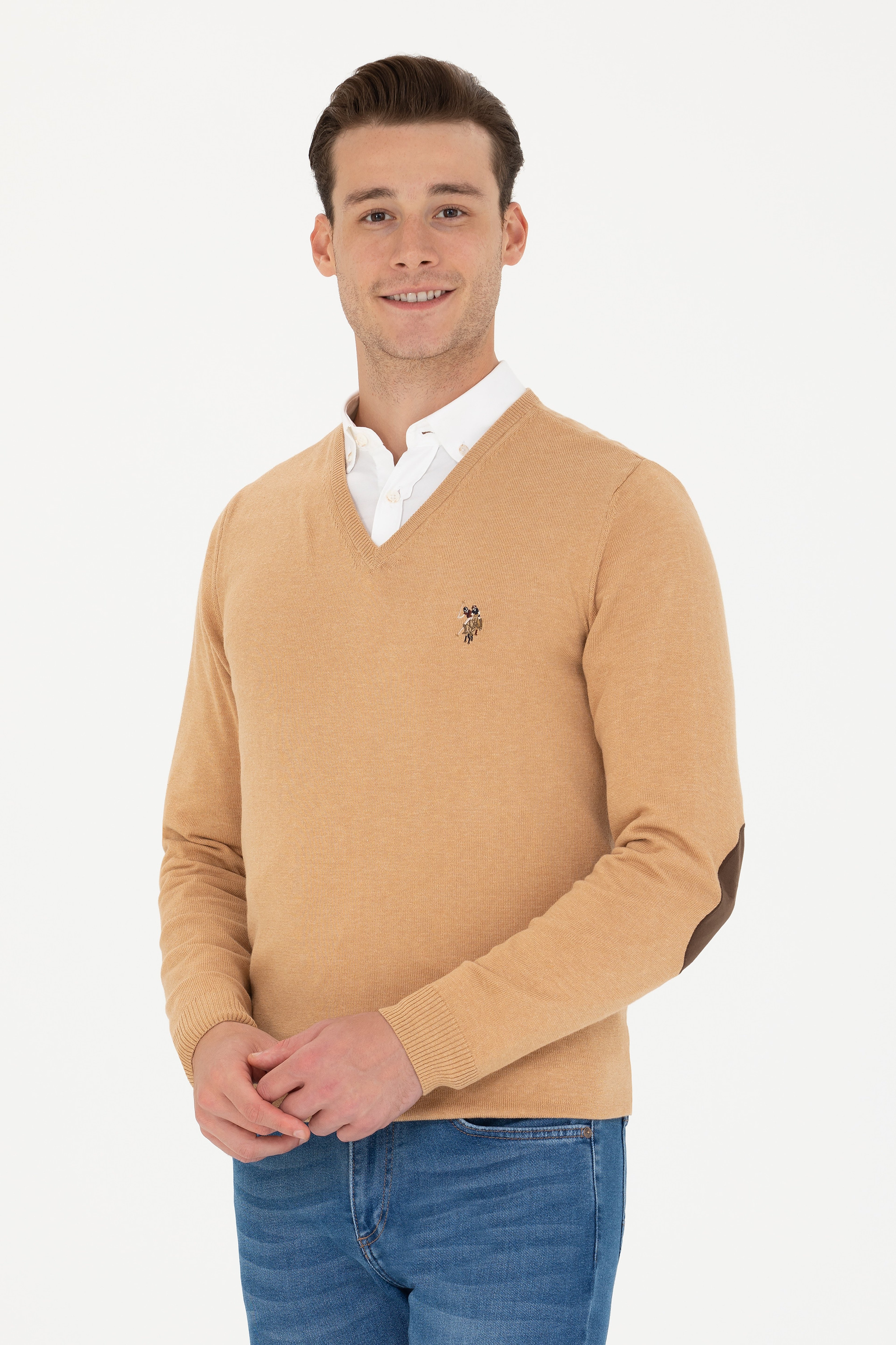 Erkek Slim Fit V Yaka Kum Melanj Kazak - Image 3
