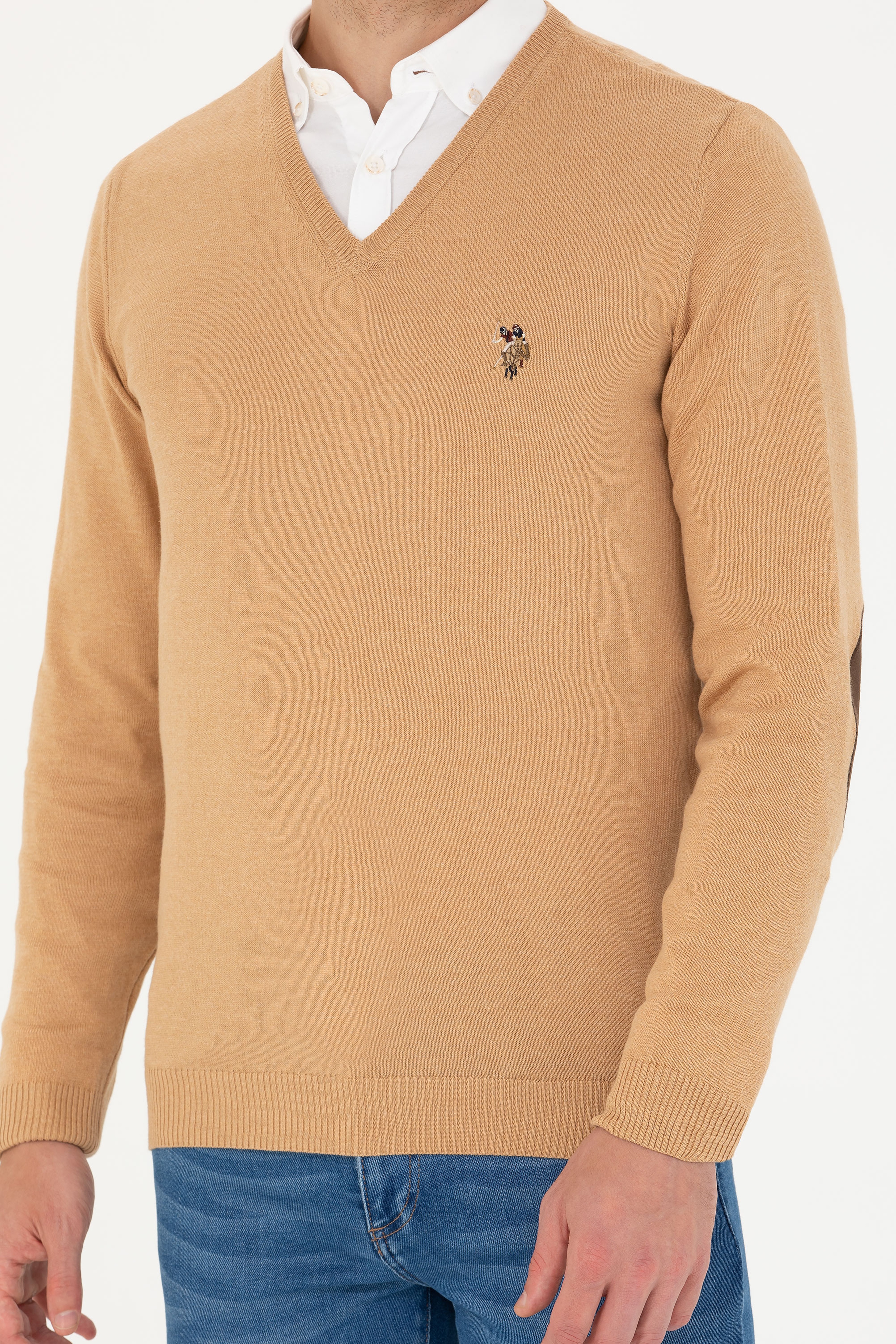 Erkek Slim Fit V Yaka Kum Melanj Kazak