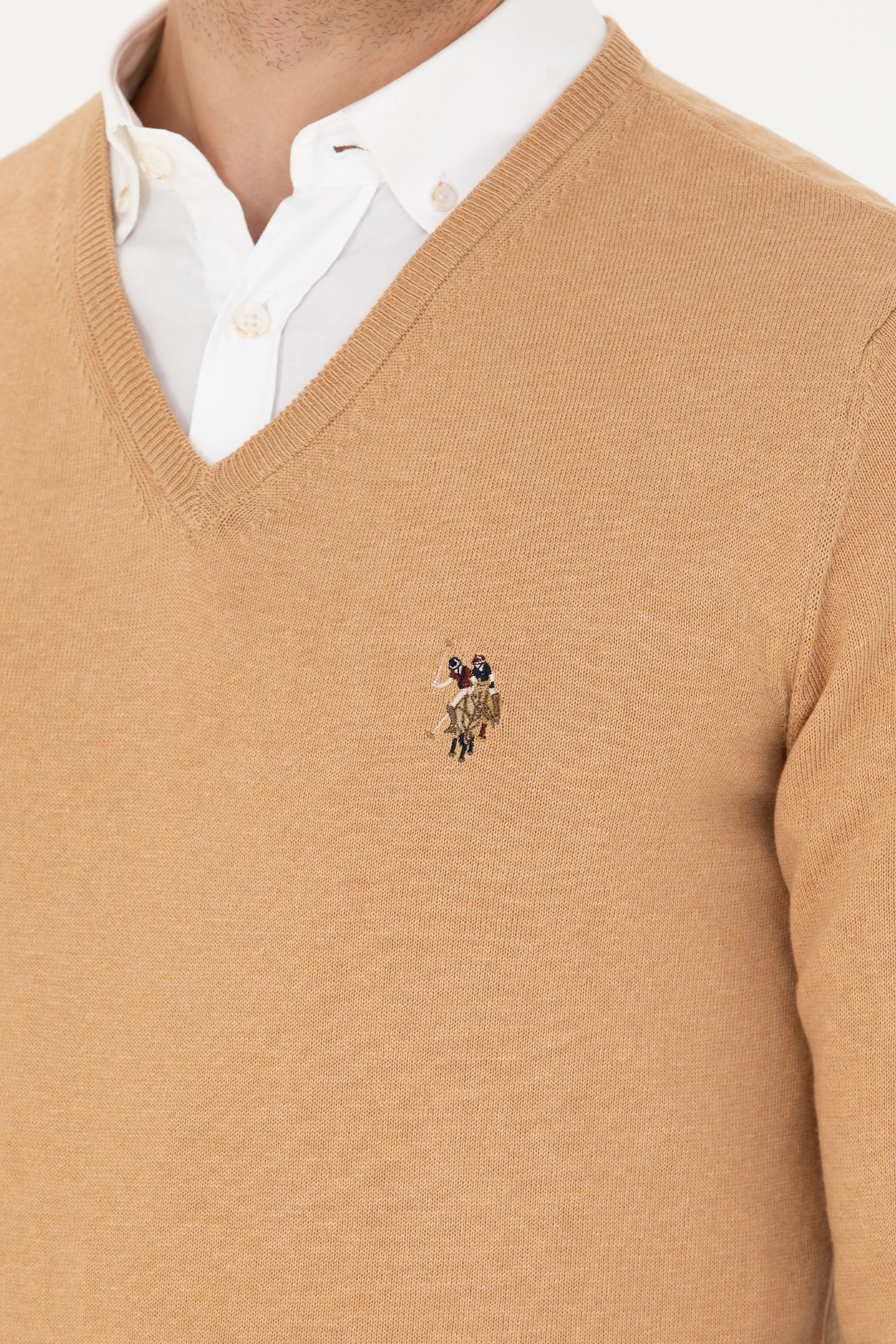 Erkek Slim Fit V Yaka Kum Melanj Kazak