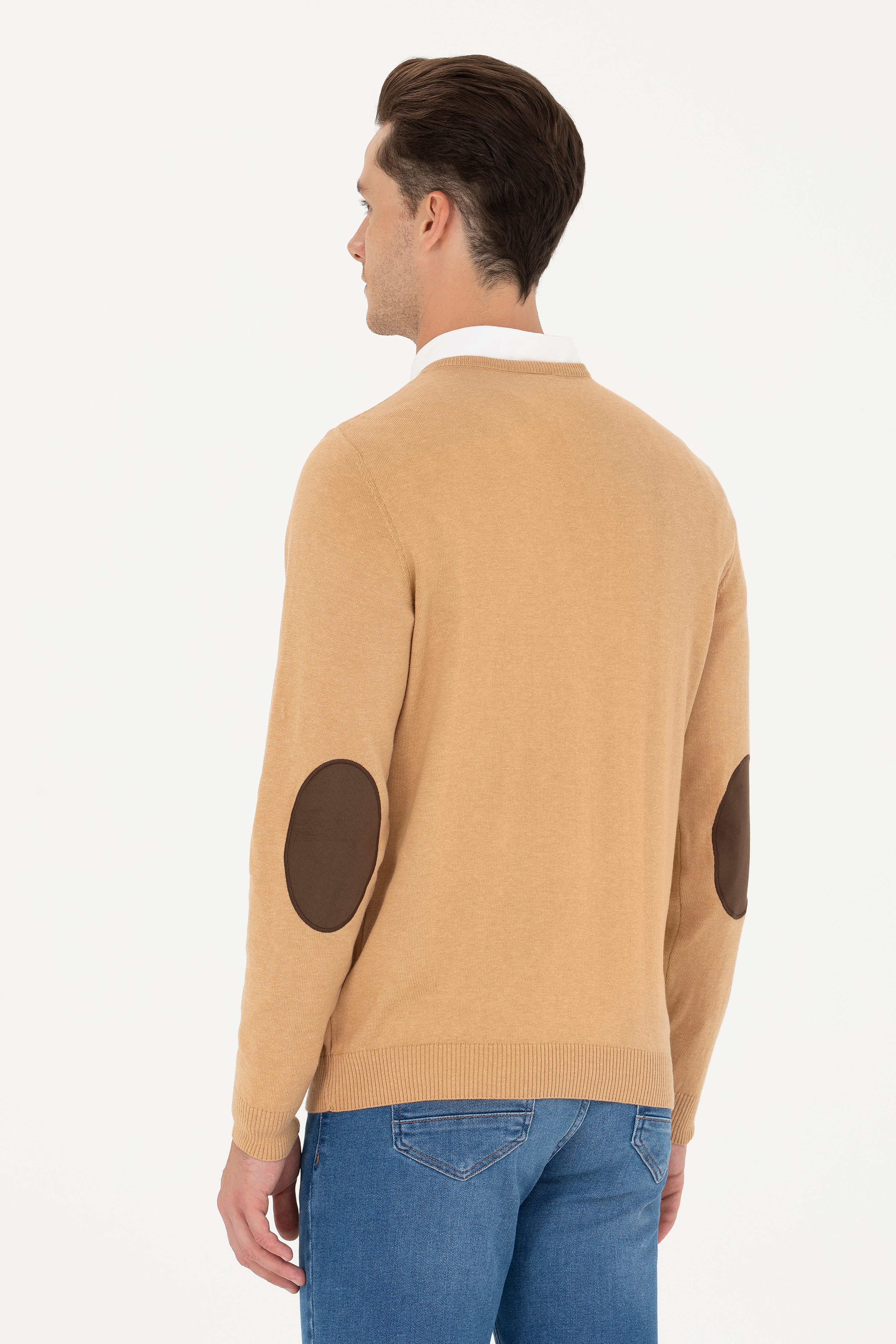 Erkek Slim Fit V Yaka Kum Melanj Kazak