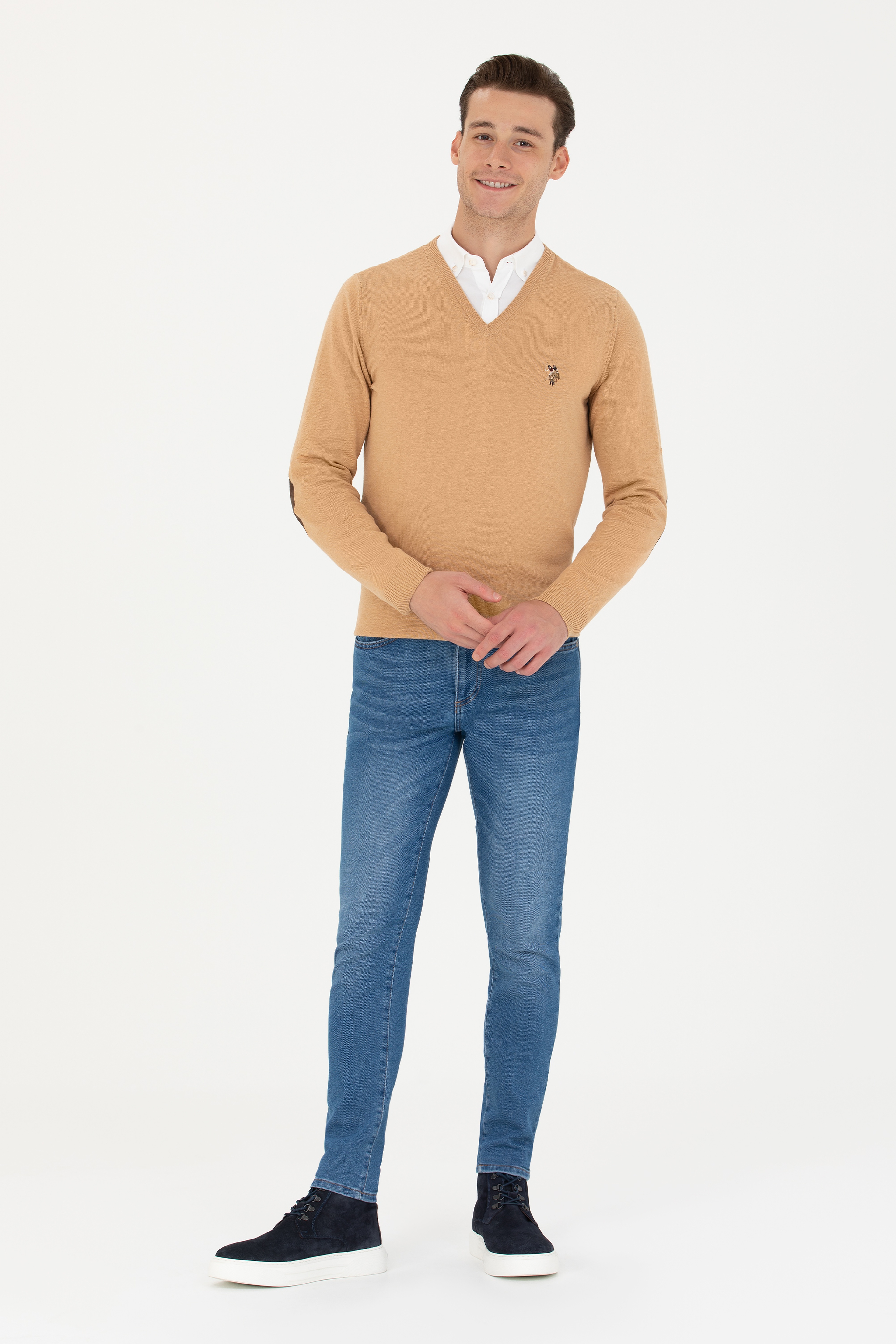 Erkek Slim Fit V Yaka Kum Melanj Kazak - Image 4