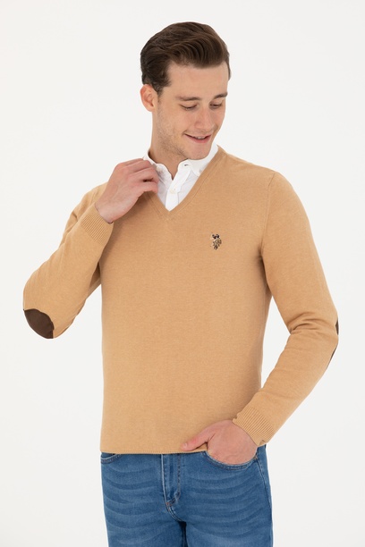 Erkek Slim Fit V Yaka Kum Melanj Kazak