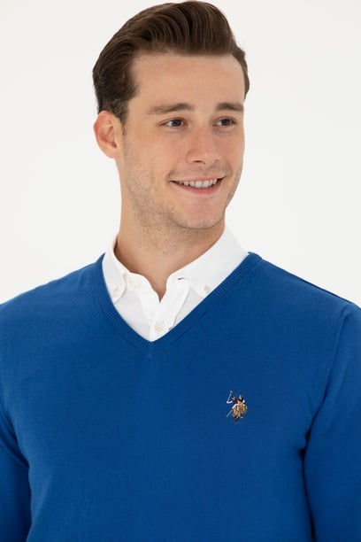 Erkek Slim Fit V Yaka Saks Kazak