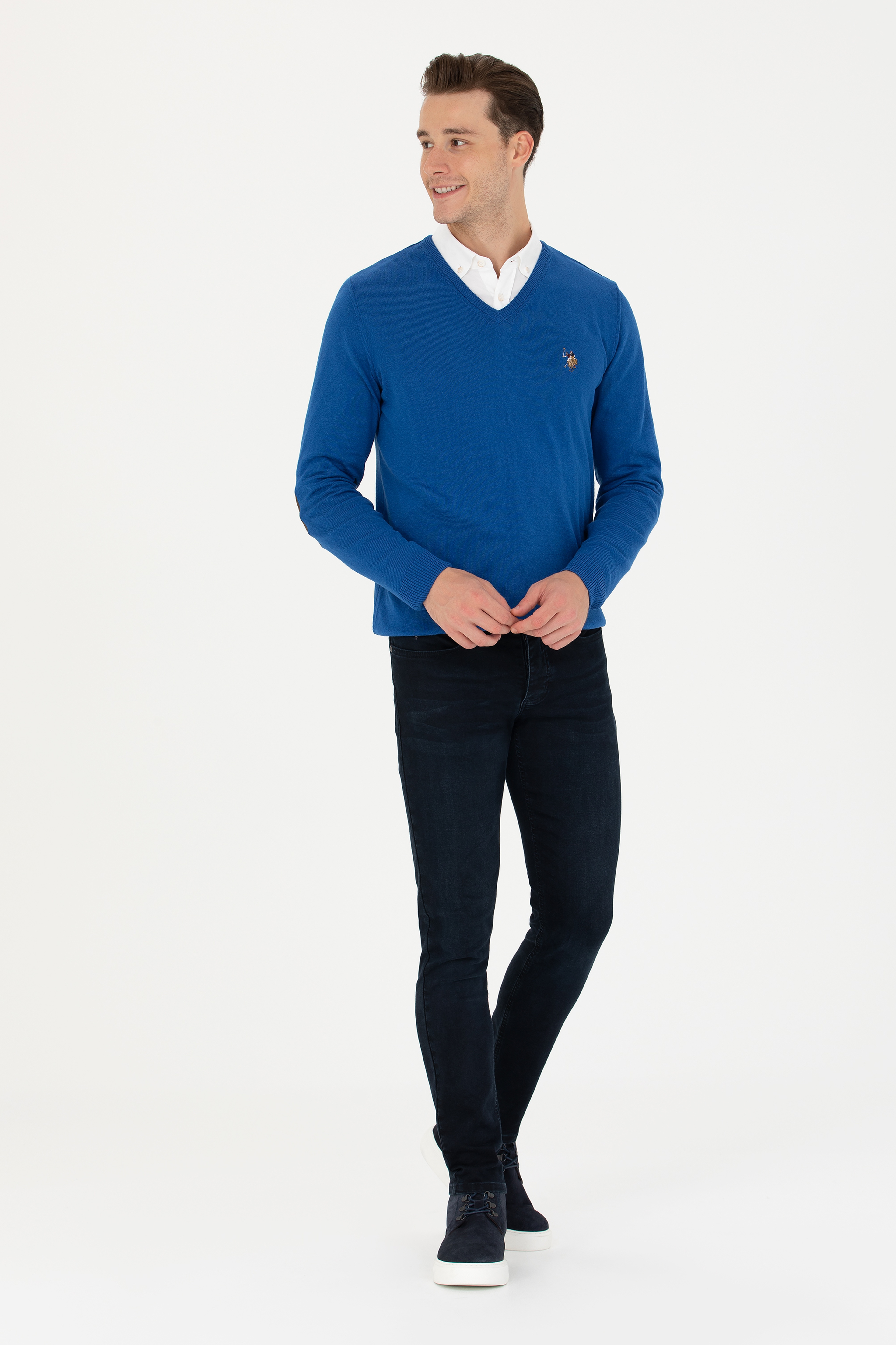Erkek Slim Fit V Yaka Saks Kazak - Image 4