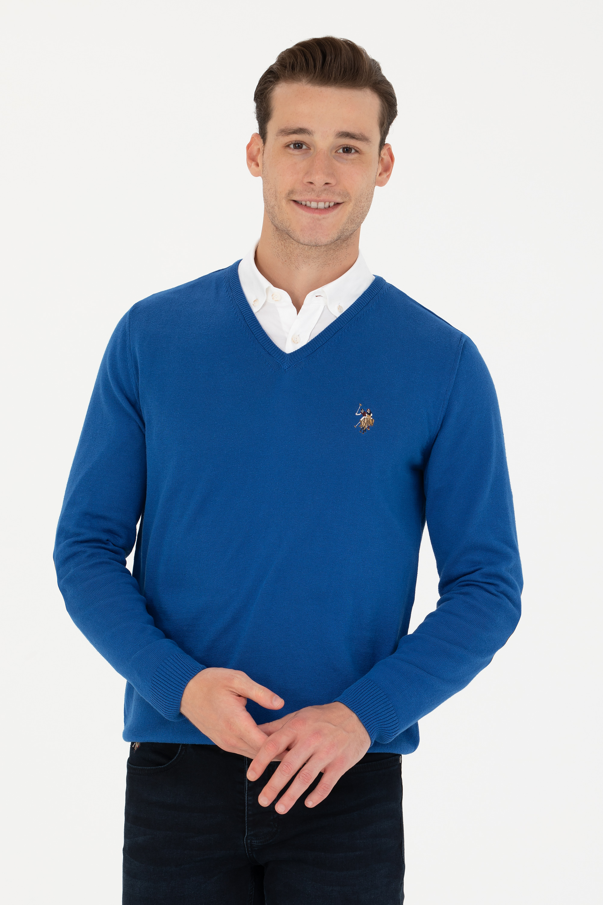 Erkek Slim Fit V Yaka Saks Kazak
