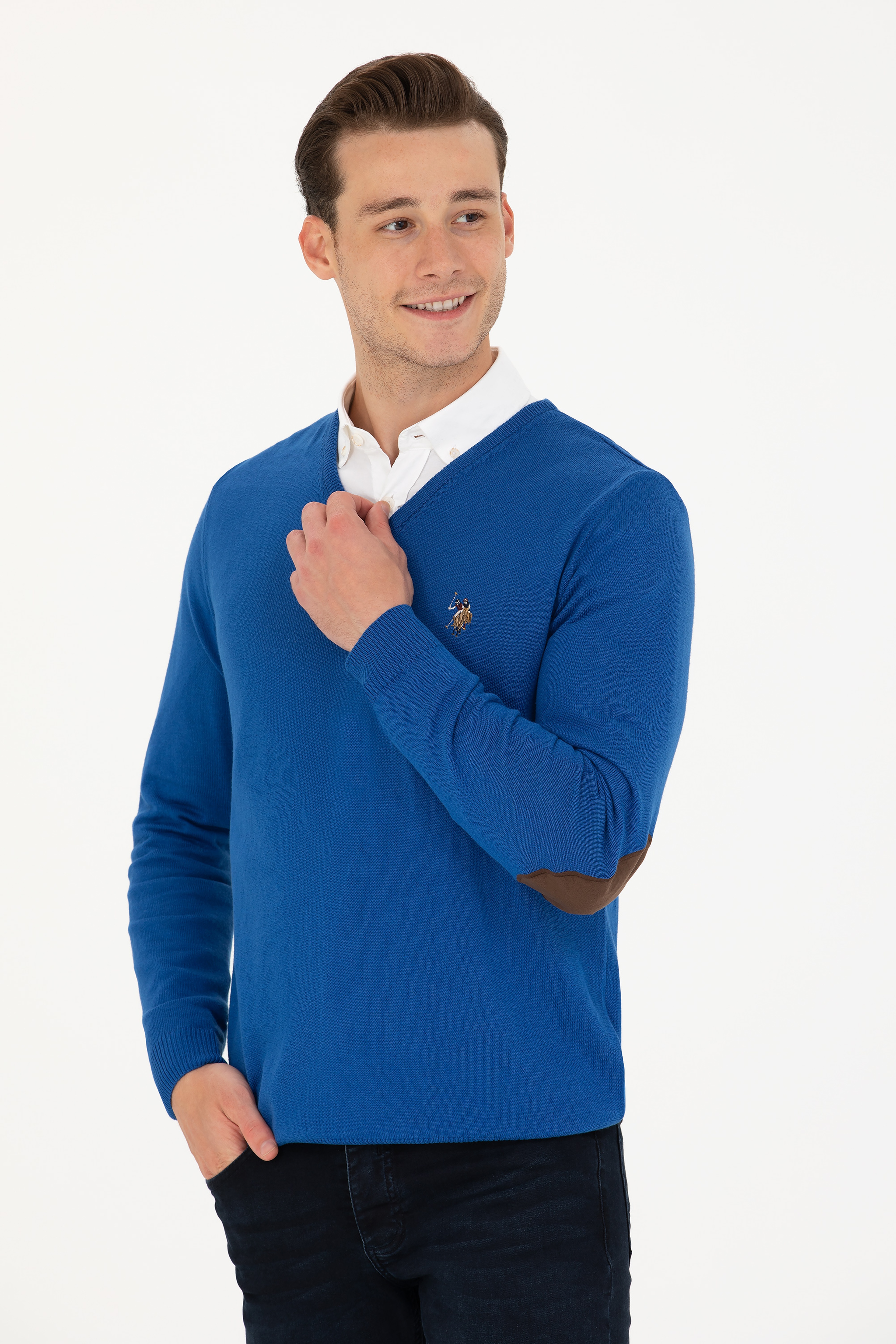 Erkek Slim Fit V Yaka Saks Kazak - Image 1