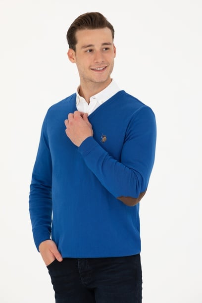 Erkek Slim Fit V Yaka Saks Kazak