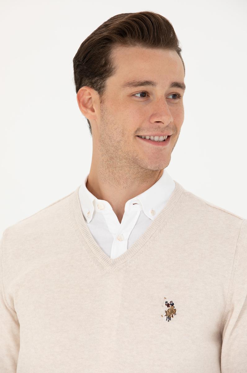 Erkek Krem Melanj V Yaka Kazak