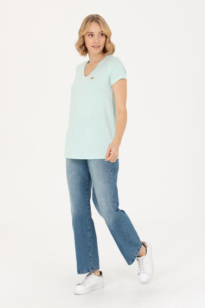 Kadın Su Yeşili Basic V Yaka Tişört - 50262610173