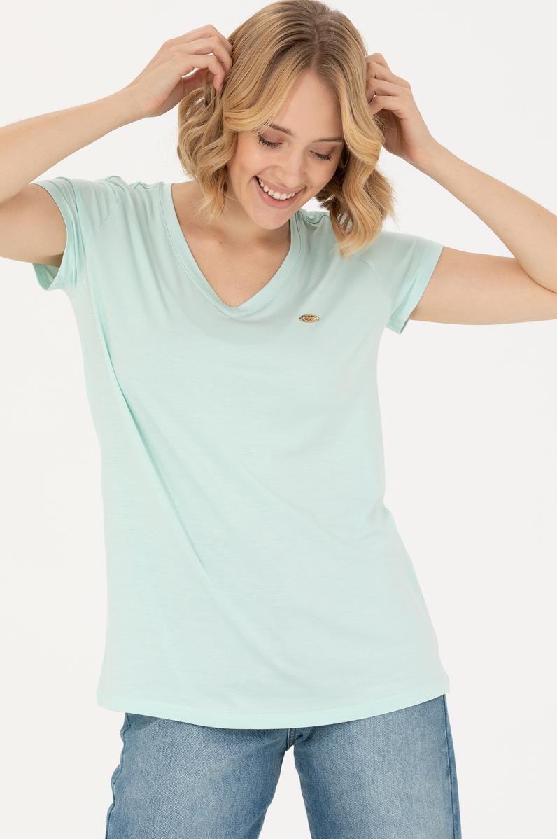 Kadın Su Yeşili Basic V Yaka Tişört