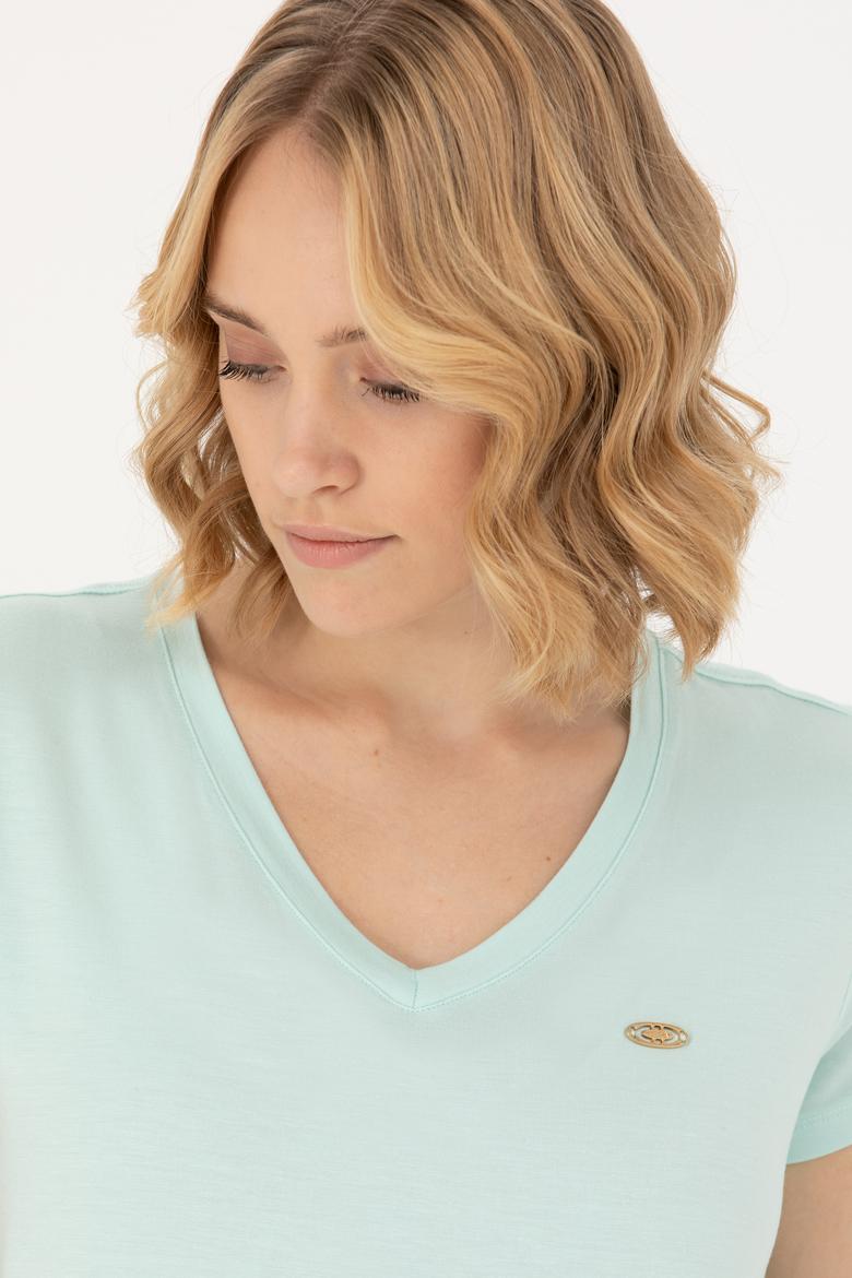 Kadın Su Yeşili Basic V Yaka Tişört - 50262610173