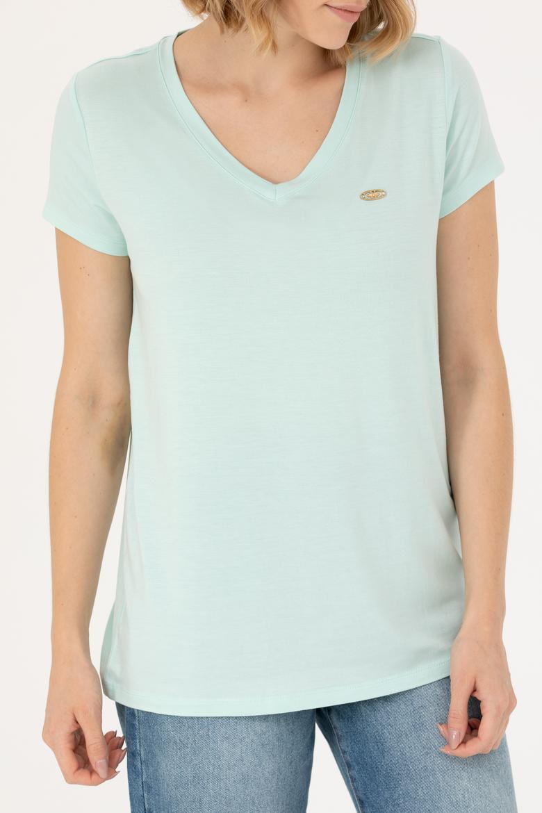 Kadın Su Yeşili Basic V Yaka Tişört - 50262610173