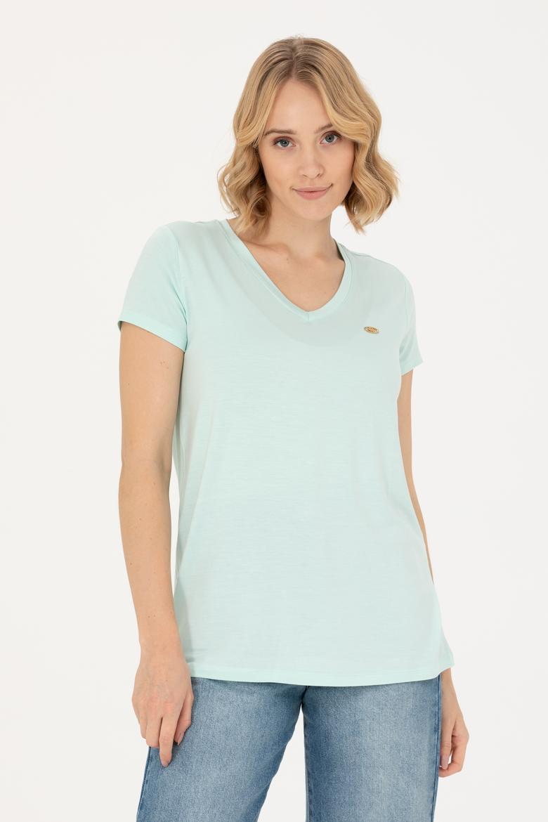 Kadın Su Yeşili Basic V Yaka Tişört - 50262610173