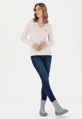 Kadın Taş Melanj V Yaka Basic Kazak - 50276570052