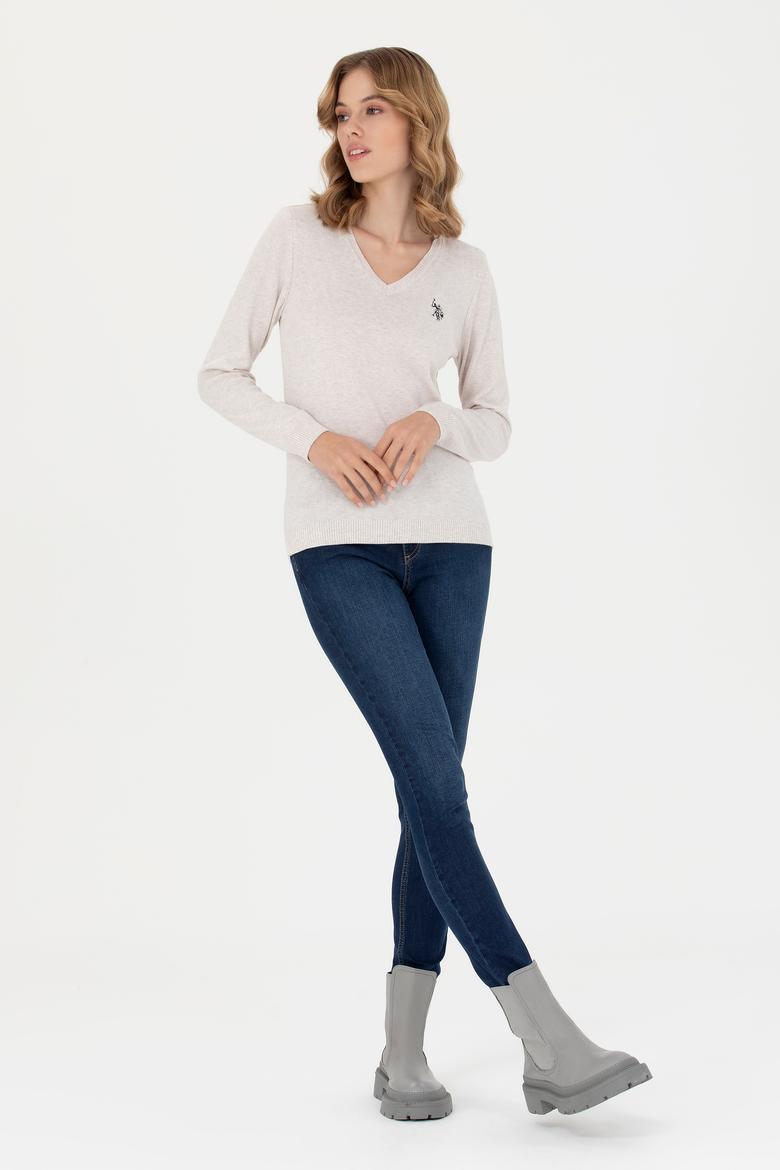 Kadın Taş Melanj V Yaka Basic Kazak - 50276570052