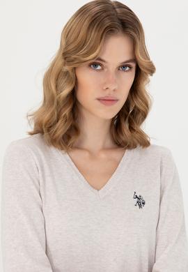 Kadın Taş Melanj V Yaka Basic Kazak - 50276570052