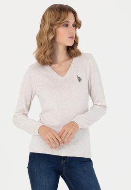 Kadın Taş Melanj V Yaka Basic Kazak - 50276570052