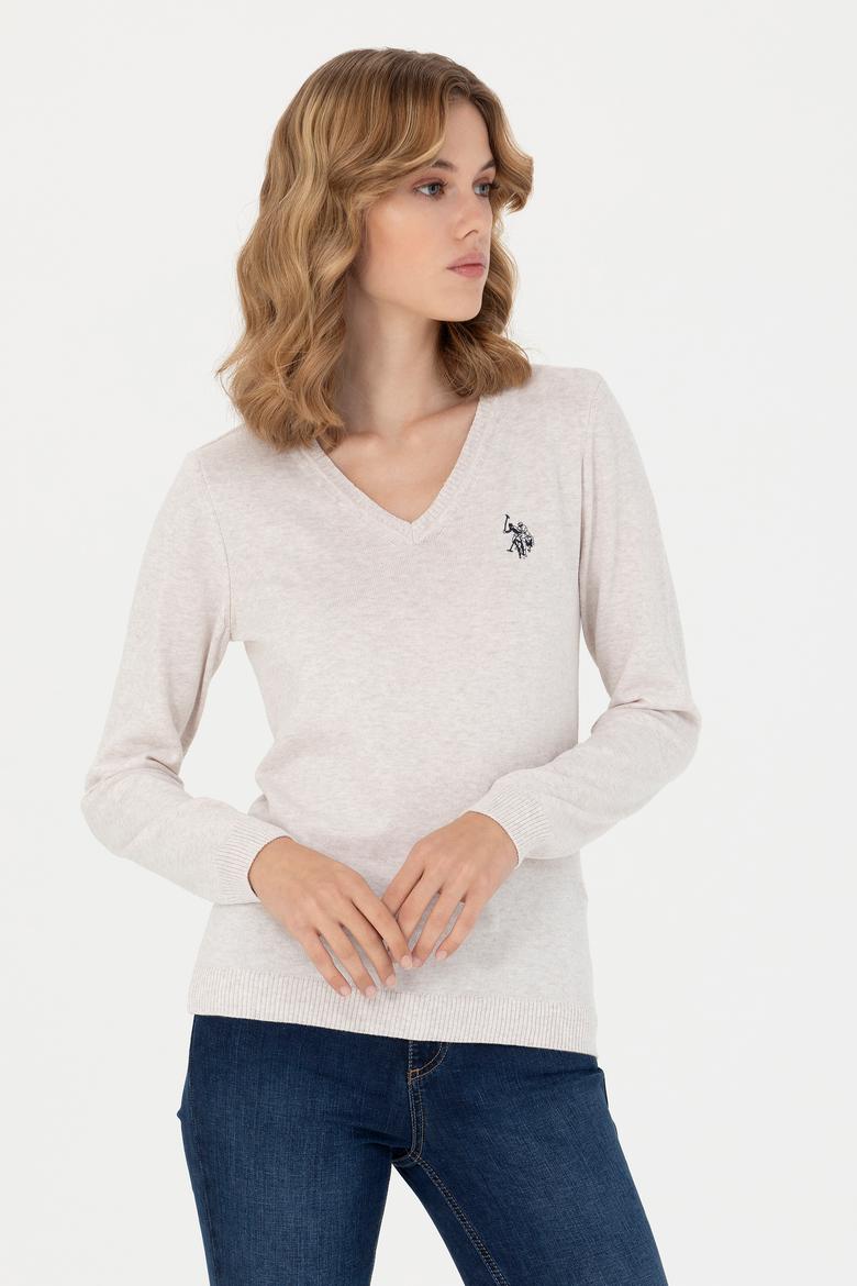 Kadın Taş Melanj V Yaka Basic Kazak - 50276570052