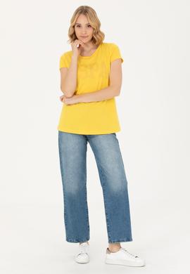 Kadın Sarı Basic Bisiklet Yaka Tişört - 50262670093