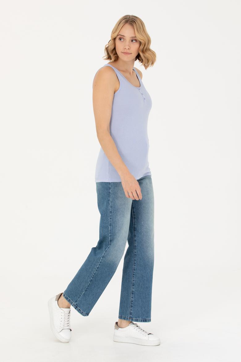 Kadın Mavi Bisiklet Yaka Kolsuz Basic Tişört - 50262673105