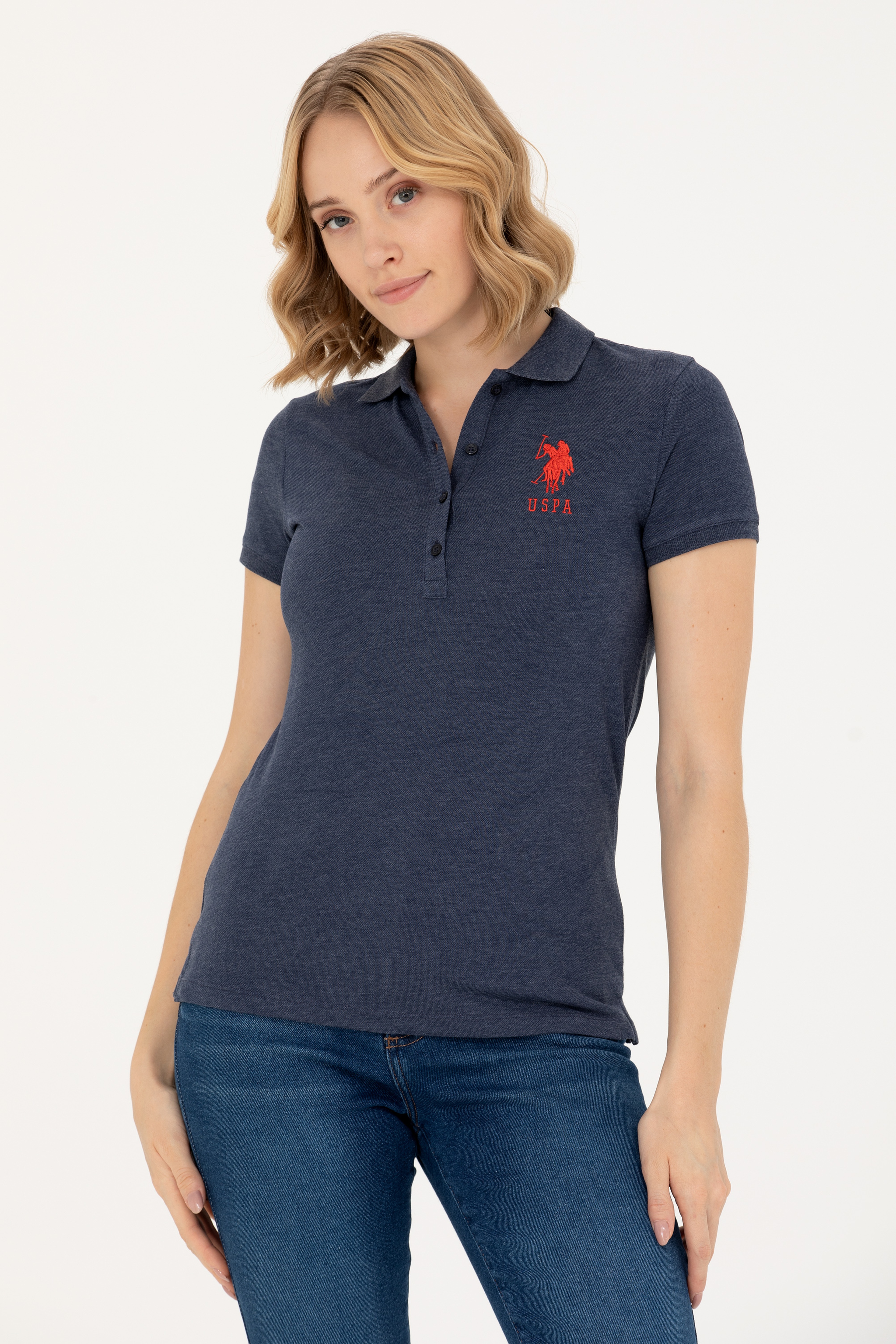 Kadın Lacivert Basic Polo Yaka Tişört - Image 1