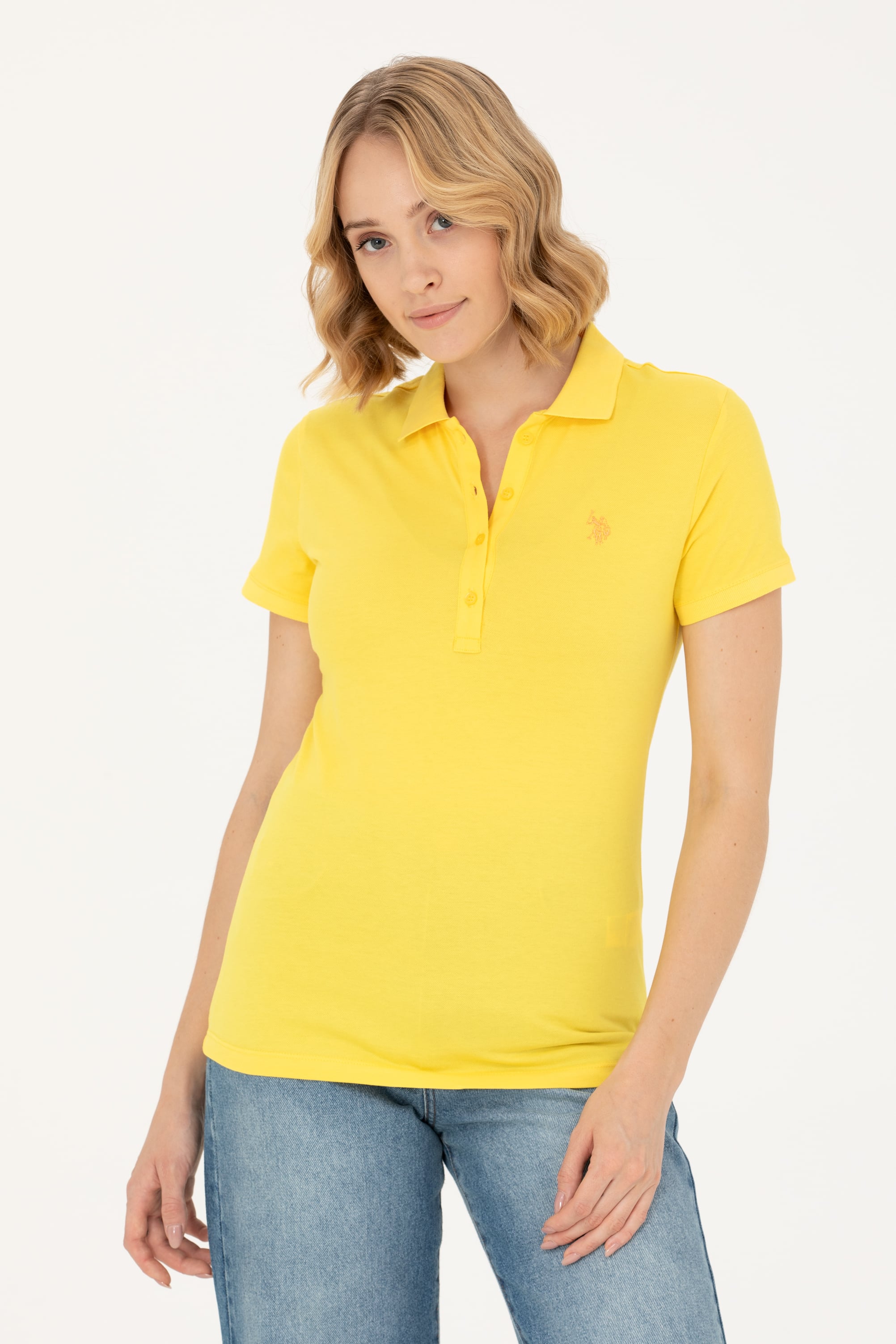 Kadın Koyu Sarı Basic Polo Yaka Tişört - Image 1