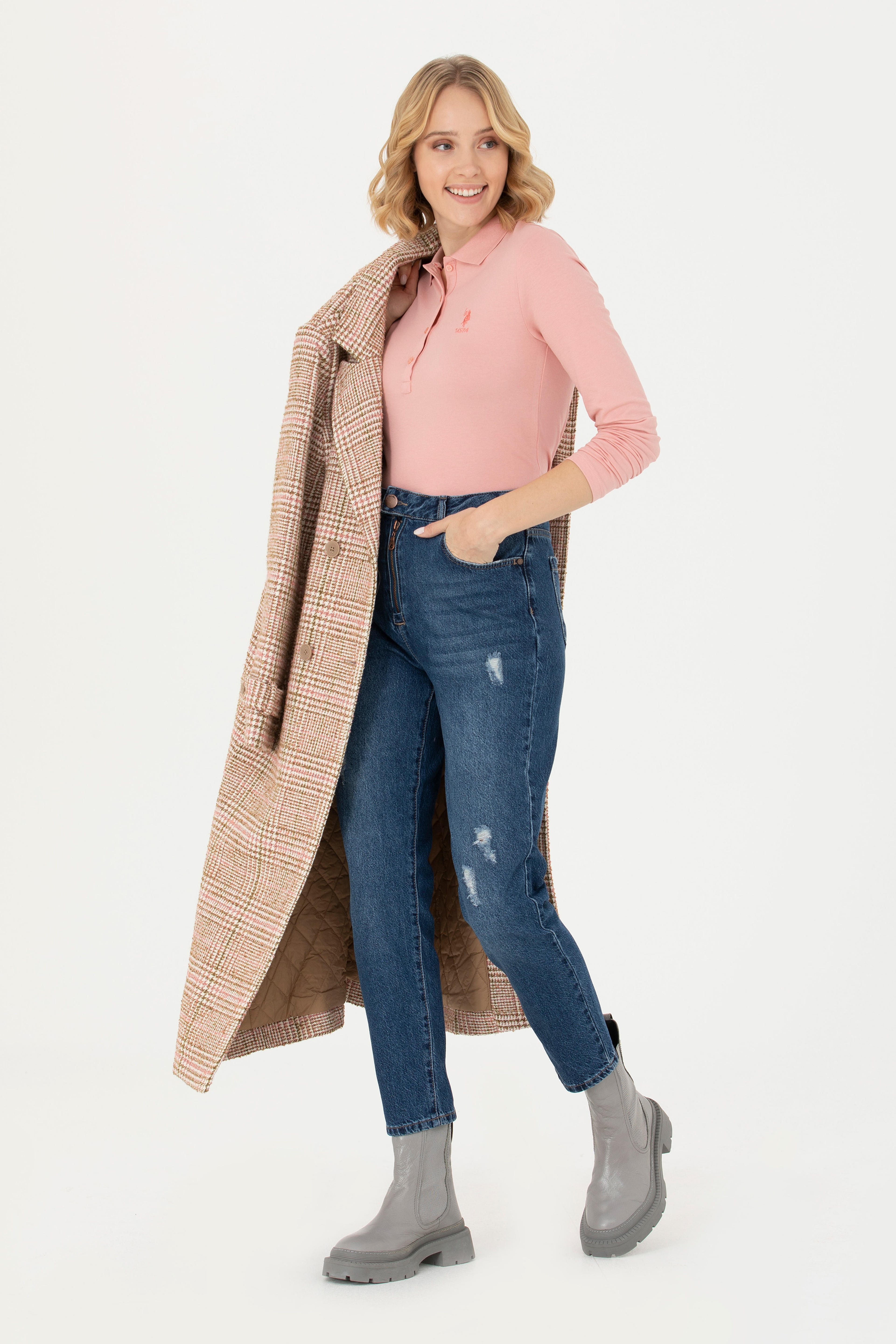 Kadın Pudra Basic Polo Yaka Sweatshirt - Image 4