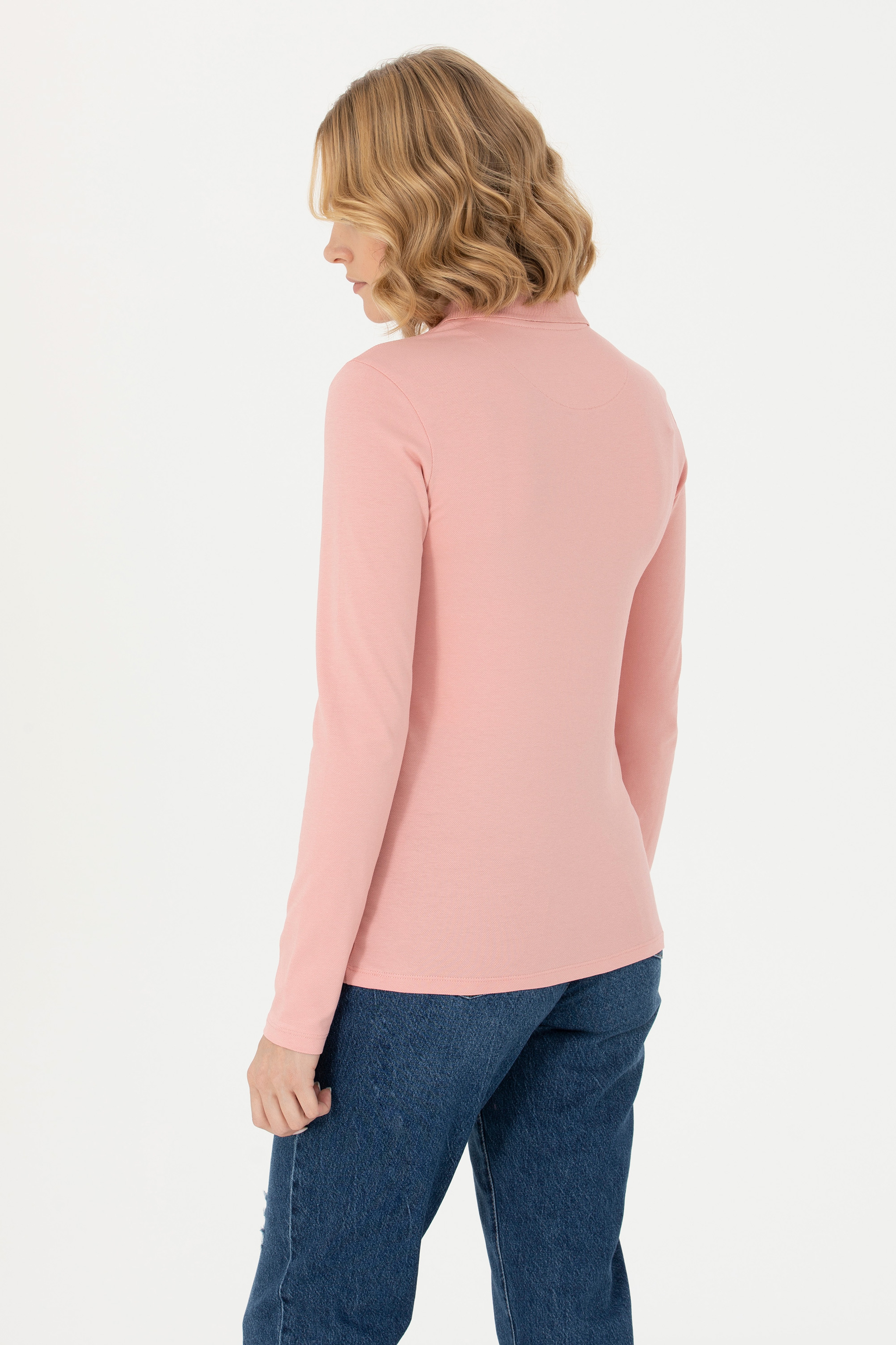 Kadın Pudra Basic Polo Yaka Sweatshirt - Image 5